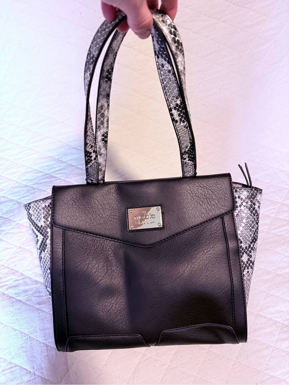 Nicole by Nicole Miller Black Snakeskin Tote Shoulder Bag